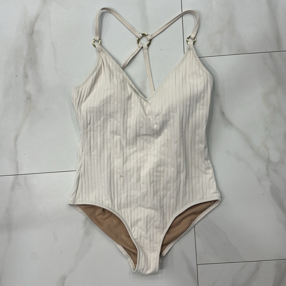 Kona Sol Cream Ribbed Ring Medium Coverage One Piece Swimsuit. Sz L - Picture 5 of 9